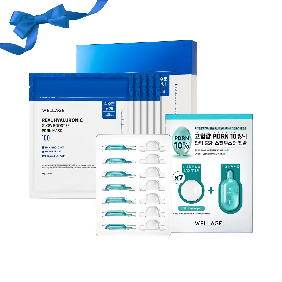 Wellage PDRN DUO | Real Hyaluronic Glow Booster PDRN Mask 5ea + Hyper PDRN Oneday Kit 7ea, Salmon DNA, PDRN, 100% Pure Hyaluronic Acid for Deep Hydration and Glowing Skin, Skin Repair and Skin Strengthening Set, Korean Skincare Set