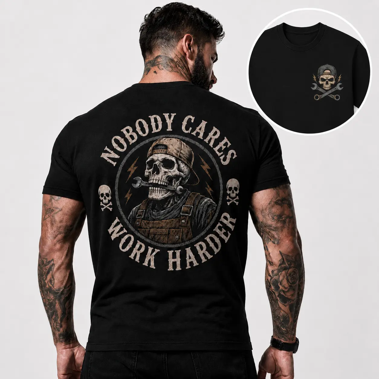 Men’s Casual Short-Sleeve Crew Neck Skull Sporty Chic T-Shirt - Black Fashion Menswear Graphic Tee, Front Chest Print, Large Back "Nobody Cares Work Harder" Design, Streetwear Sports Top (2xl)