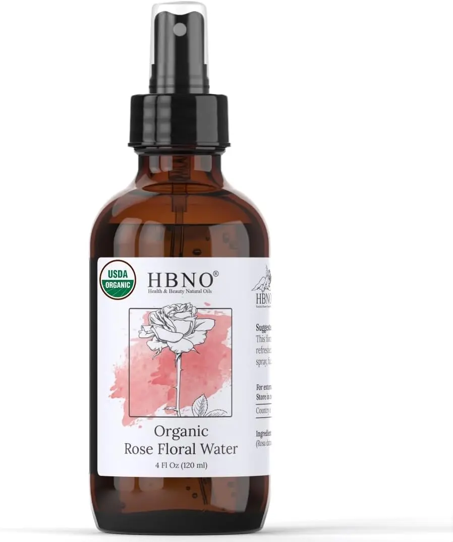 HBNO California Bottled Organic Rose Water for Face 4 fl oz (120ml) - USDA Certified Organic Rose Water Spray for Face - Pure Rose Water for Hair - Rosewater Face Mist, Rose Water Spray for Cleansing