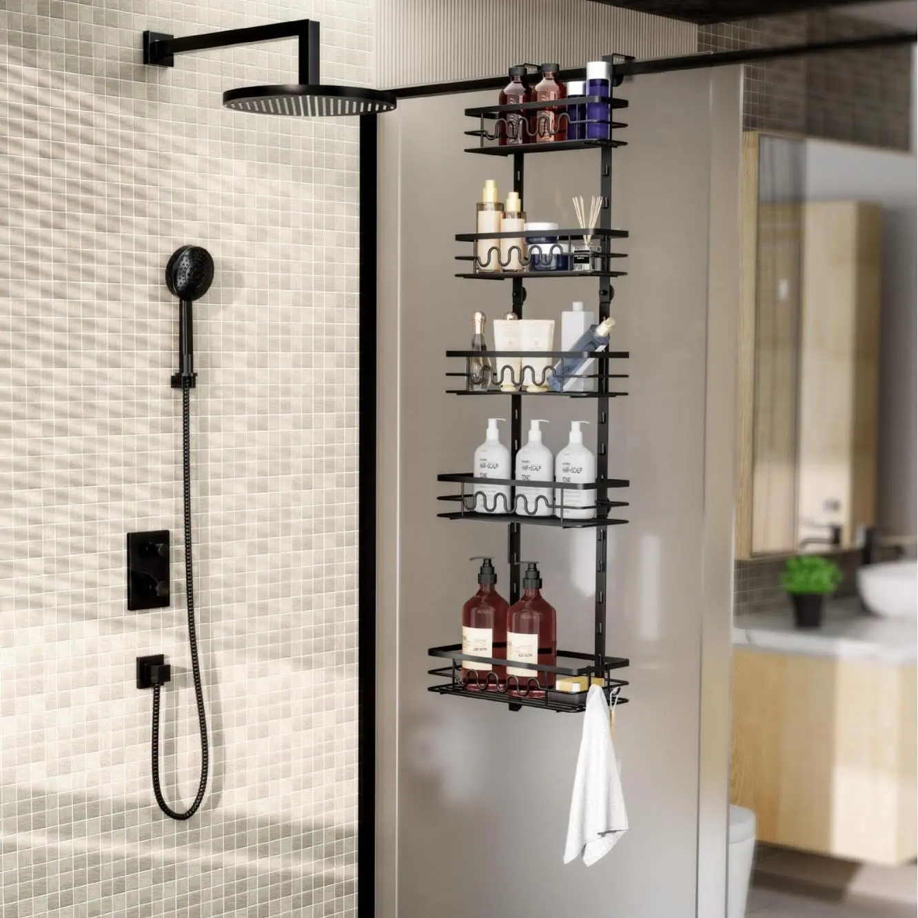 Heavy-Duty Over the Door Spice Rack Organizer – 4-Tier Metal Hanging Storage Shelf – Wall Mounted Pantry and Bathroom Door Organizer for Kitchen, Bathroom, Bedroom – Multi-Layer Can Rack Holder
