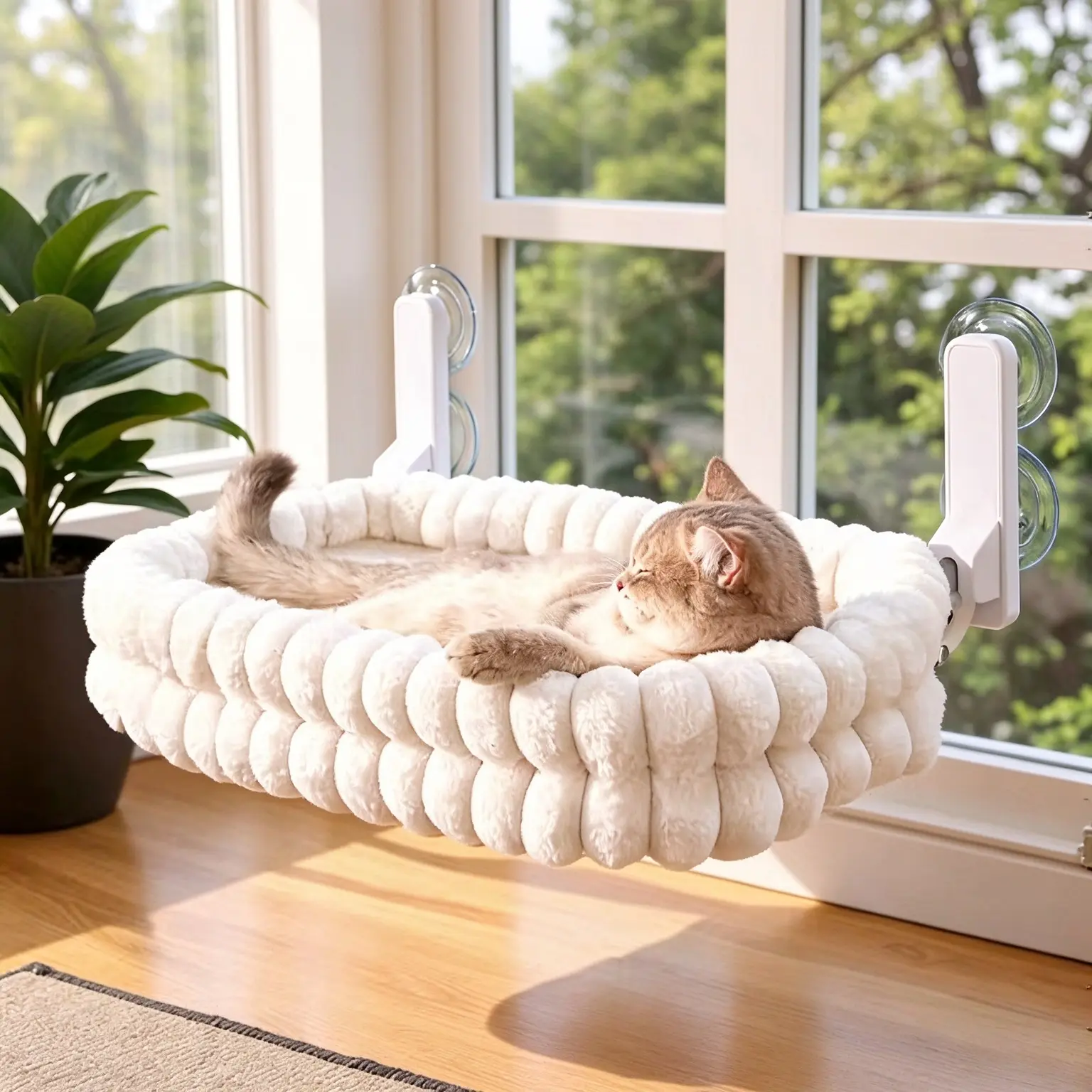 Soft Thick Plush Cat Window Hammock, Foldable Suction Cup Window Perch Seat, Comfort Warm Cat Nest Bed for Kitten & Large Indoor Cats Watching View