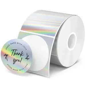 Holographic Silver Thermal Labels, 400pcs/roll Self-Adhesive Round Stickers, Custom Logo Design DIY Price Tags, Customizable Stickers, Compatible with Phomemo Printers