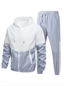 Men's Colorblock Zip Up Hooded Jacket & Pants Two-Piece Set, Casual Breathable Windproof Long Sleeve Hooded Outerwear & Jogger Pants Set for Spring & Fall, Fashion Men's Two-Piece for Daily Wear, Sweatsuit Outfits