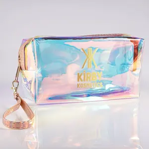 Kirby Kosmetics Holographic Makeup Bag - Iridescent Carry-All with Gold Zipper & Wrist Strap for Brushes & Lip Kits