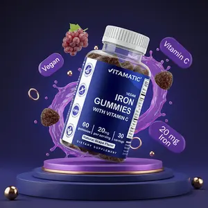 Vitamatic Iron Dietary Chewable Gummy Vitamins Supplements for Women & Men, 20mg Serving, 60 Vegan Gummies, Natural Grape Flavor with Vitamin C