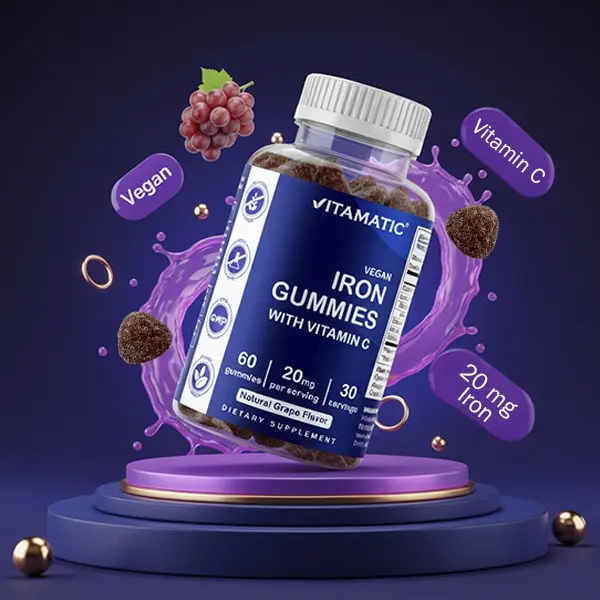 Vitamatic Iron Chewable Gummy Dietary Supplement with Vitamin C, 20mg Serving, 60 Vegan GMO-Free Natural Grape Flavor Gummies for Women & Men