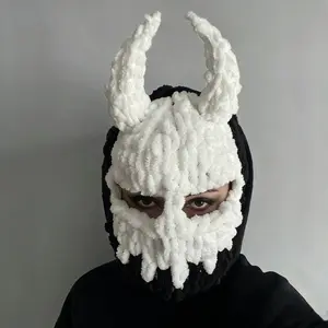 Knitted Plush Face Mask Balaclava for Men and Women, Handmade Thick Yarn Hood with Devil Style Design for Winter Warmth  antler decor