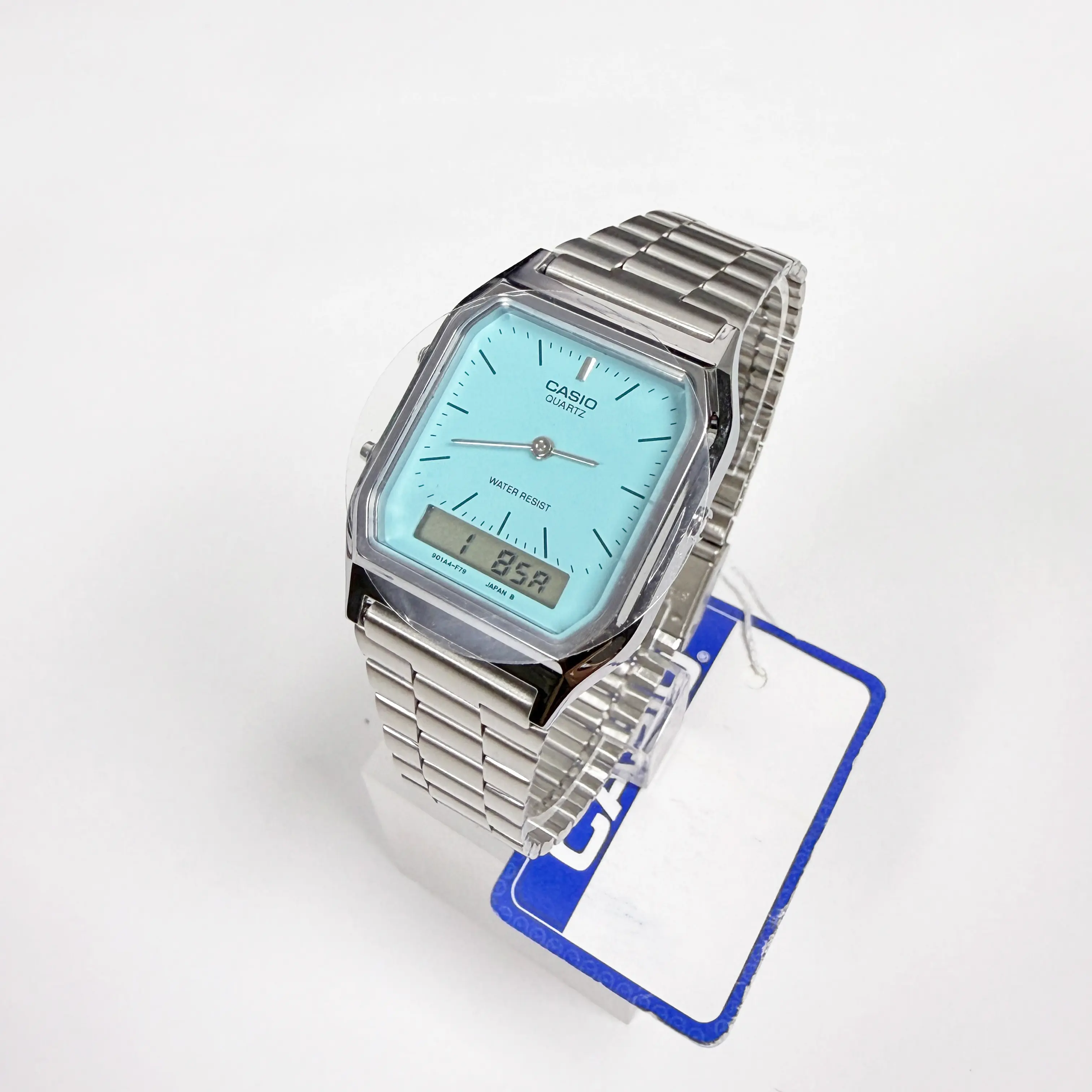 Casio AQ-230A-2A2MQY Digital Watch with Green Face and Silver Band Classic Design Vintage
