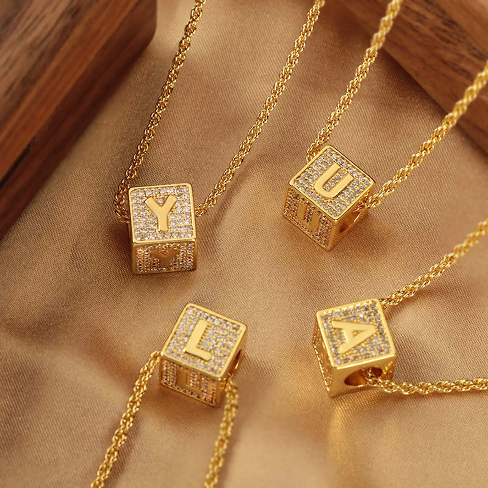 Women's Personalized Gold-Tone Square Pendant Necklace with Artificial Gemstones, Adjustable Statement Piece Jewelry, Fashion Necklace, Golden, Necklaces