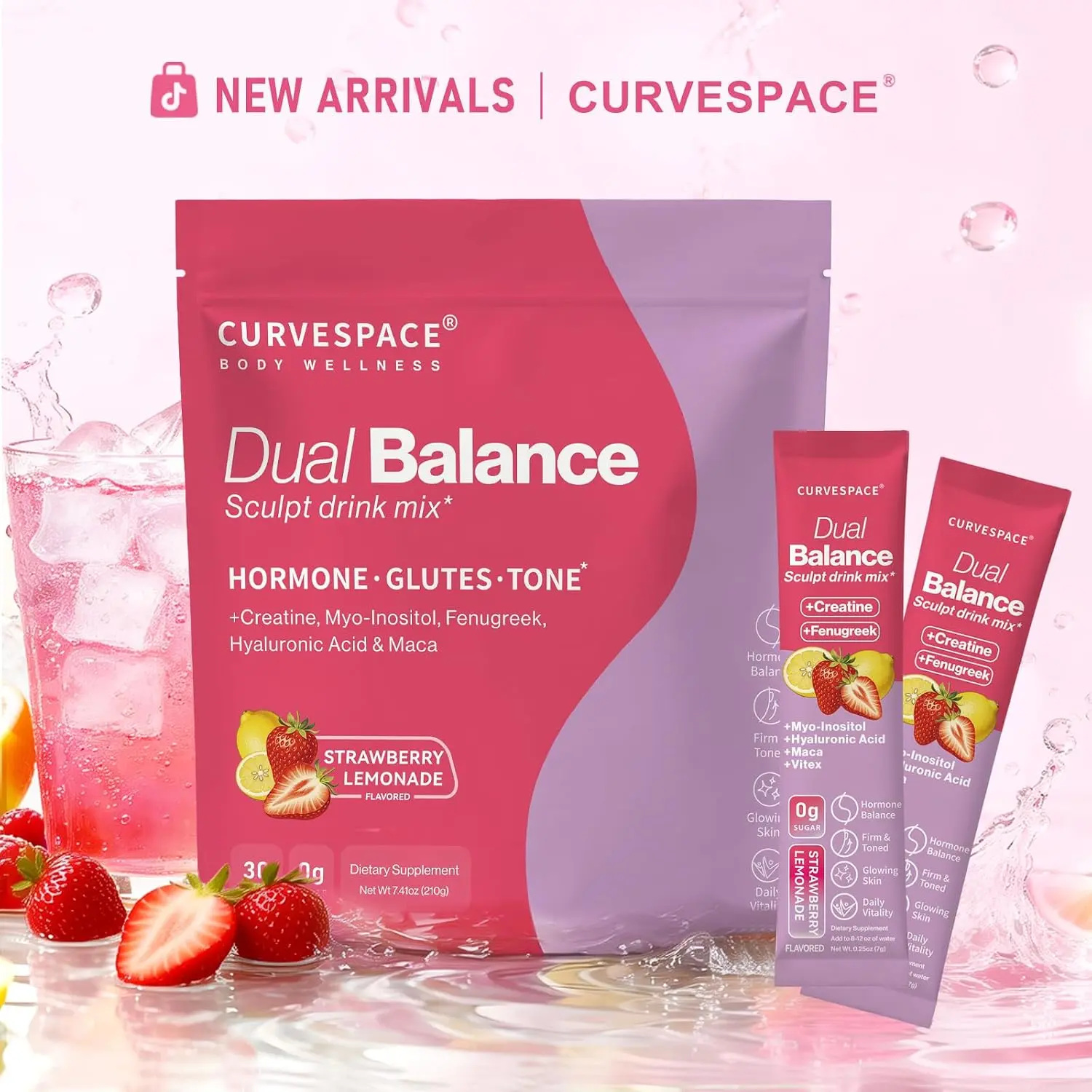 Curvespace Dual Balance Sculpt Drink Mix | Hormone & Muscle Support with Creatine, Myo-inositol & Fenugreek, Vitex, Maca & Wild Yam, Hyaluronic Acid — Strawberry Lemonade, 0g Sugar, 30 Packets