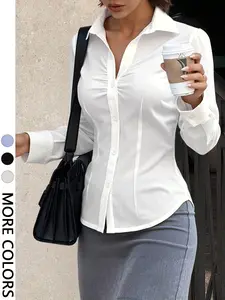 Women's Simple Casual Fashion Elegant Versatile Office Fitted Button Blouse Shirt, Spring & Fall, Plain Pattern, No Ca Prop 65