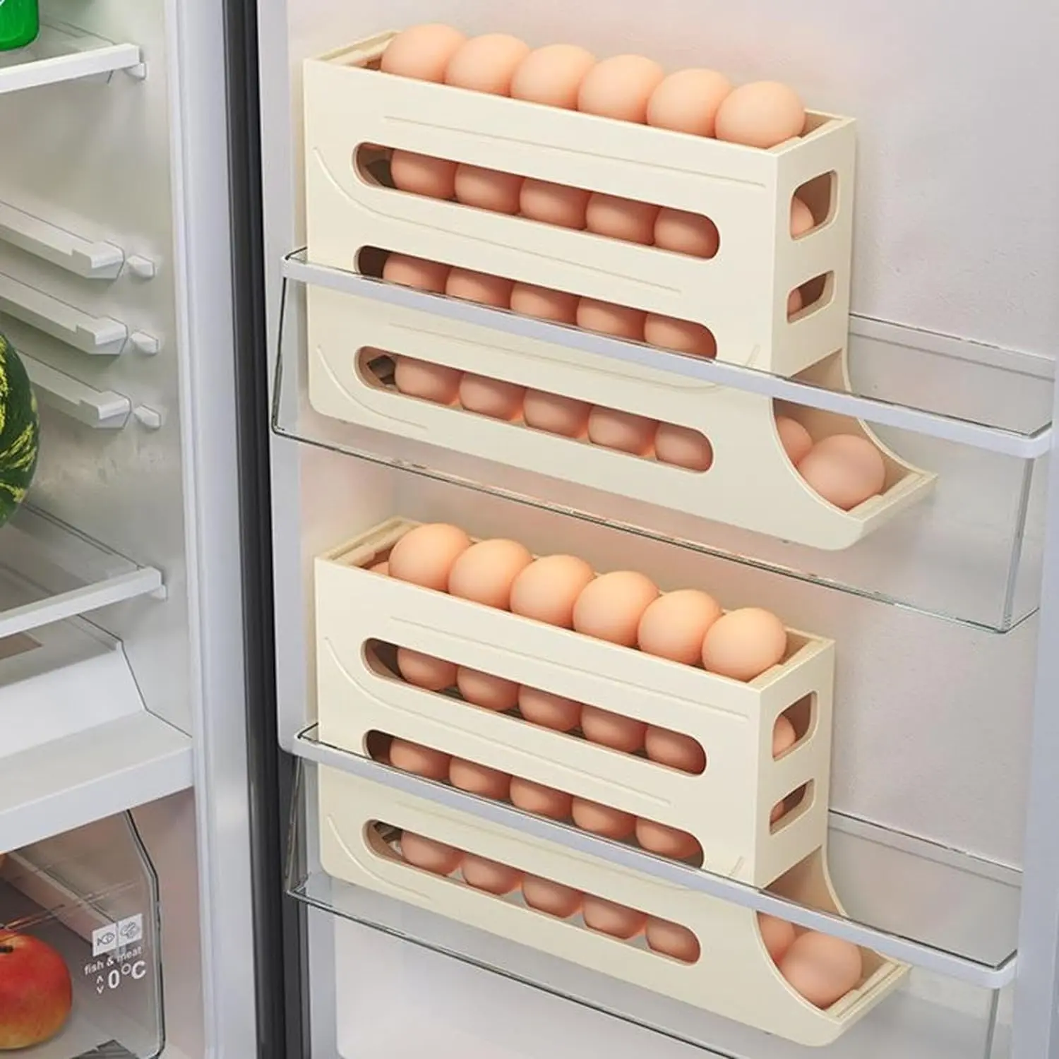 30 Eggs Refrigerator Holder - Automatic Rolling Refrigerator Egg Organiser, Space Saving Egg Dispenser Holder, 4 Tier Refrigerator Egg Holder, Kitchen Storage Refrigerator Use Large Capacity Egg Organiser Holiday Gift (White)