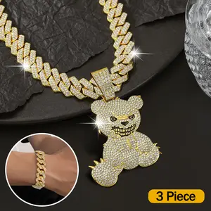 Unisex Hip Hop Jewelry Set - Beast Bear Pendant with Rhinestones Cuban Chain Necklace & Bracelet 3 Piece Set Buy 1 Get 1 Ideal for Parties & Festivals Hip Hop Style