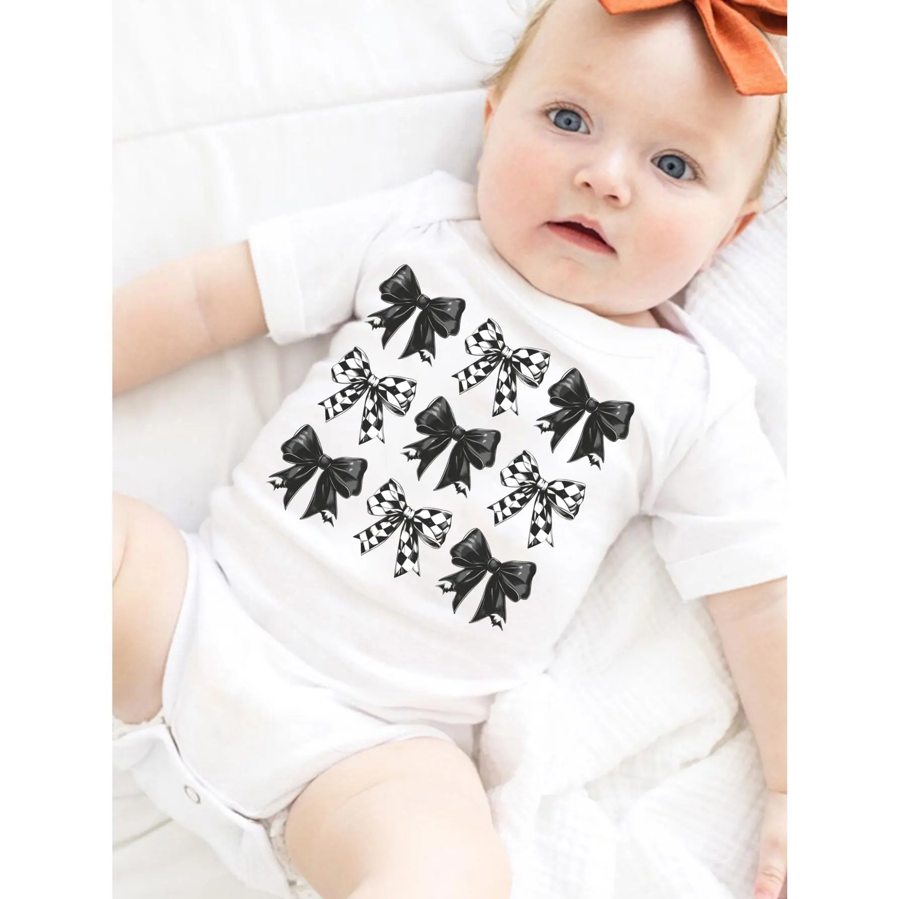 Baby Bodysuit Black And White Checkered Bow Print Unisex Infant Onesie Button Detail Regular Fit All Seasons Knitted Fabric Onesie For 0-12 Months