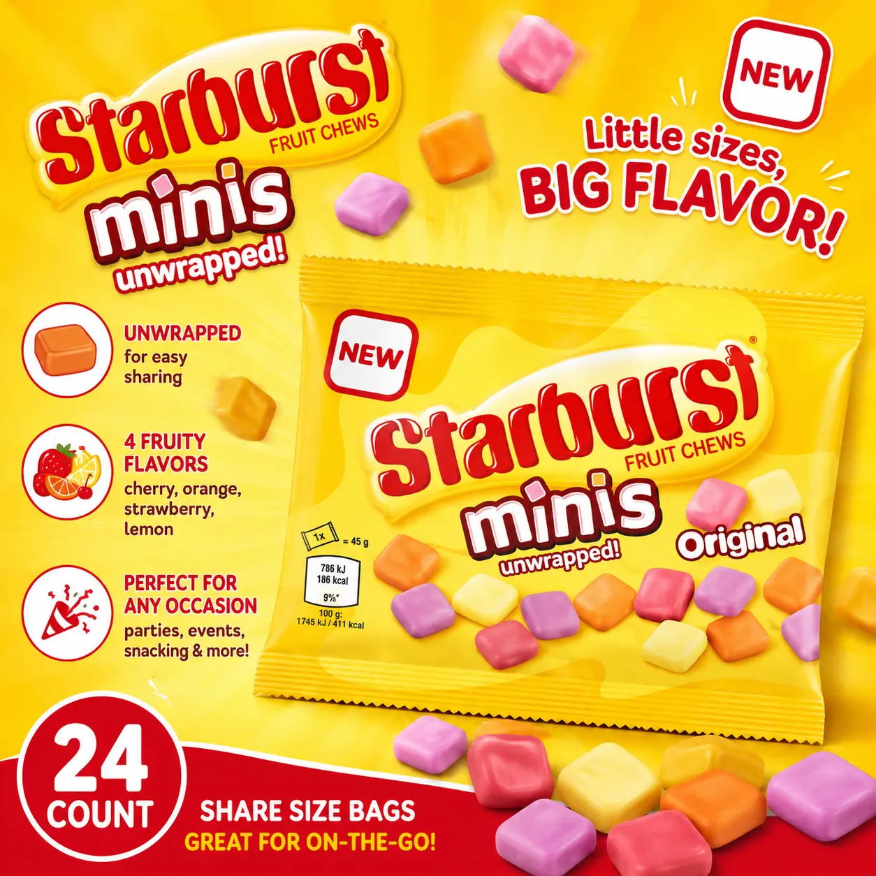 Starburst Minis Original Fruit Chews 24 Count  Unwrapped Mini Chewy Candy | UK Import Share Size Bags for Parties & Snacking
