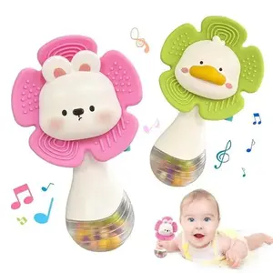 Food Grade Silicone Teether Rattle Toy Set, Bunny Duck Shaped Baby Sensory Chew Toys, Soft Teething Relief Anti-Bite Grasping Play Toy, Montessori Early Learning Essentials for Newborn Infants