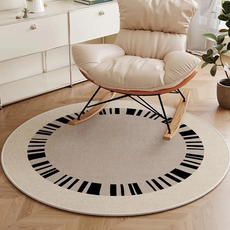 Minimalist Black Stripe Round Velvet Rug Non-Slip Washable Circular Floor Mat Modern Home Decor