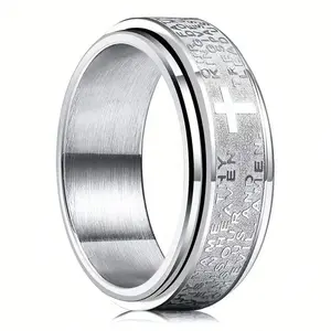 Men's Cross Stainless Steel Prayer Ring, Silver Tone Christian Faith Ring Engraved Lord's Prayer, Religious Jewelry Gift for Him, Daily Wear, Valentine's Day
