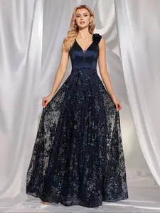 Women's Floral Embroidery Mesh Bridesmaid Dress, Elegant Careful Craftsmanship Aesthetic Sleeveless Style High Low Hem Long Dress for Party Wedding Guest, Ladies Summer Clothes, Womenswear