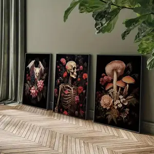 Halloween Canvas Wall Art Set, Skeleton & Bat Design, No Frame Required, Frameless, Vintage, Artistic, Modern Home Decoration, Perfect Halloween Decorations, Ideal Gift Idea