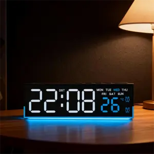 8 Inch Modern LED Digital Alarm Clock with Dual Alarms & Soft Bottom Light｜Displays Time, Date, Day, Temperature｜3-Level Auto/Manual Brightness, DST, USB or Battery Powered Desk Clock,Blue