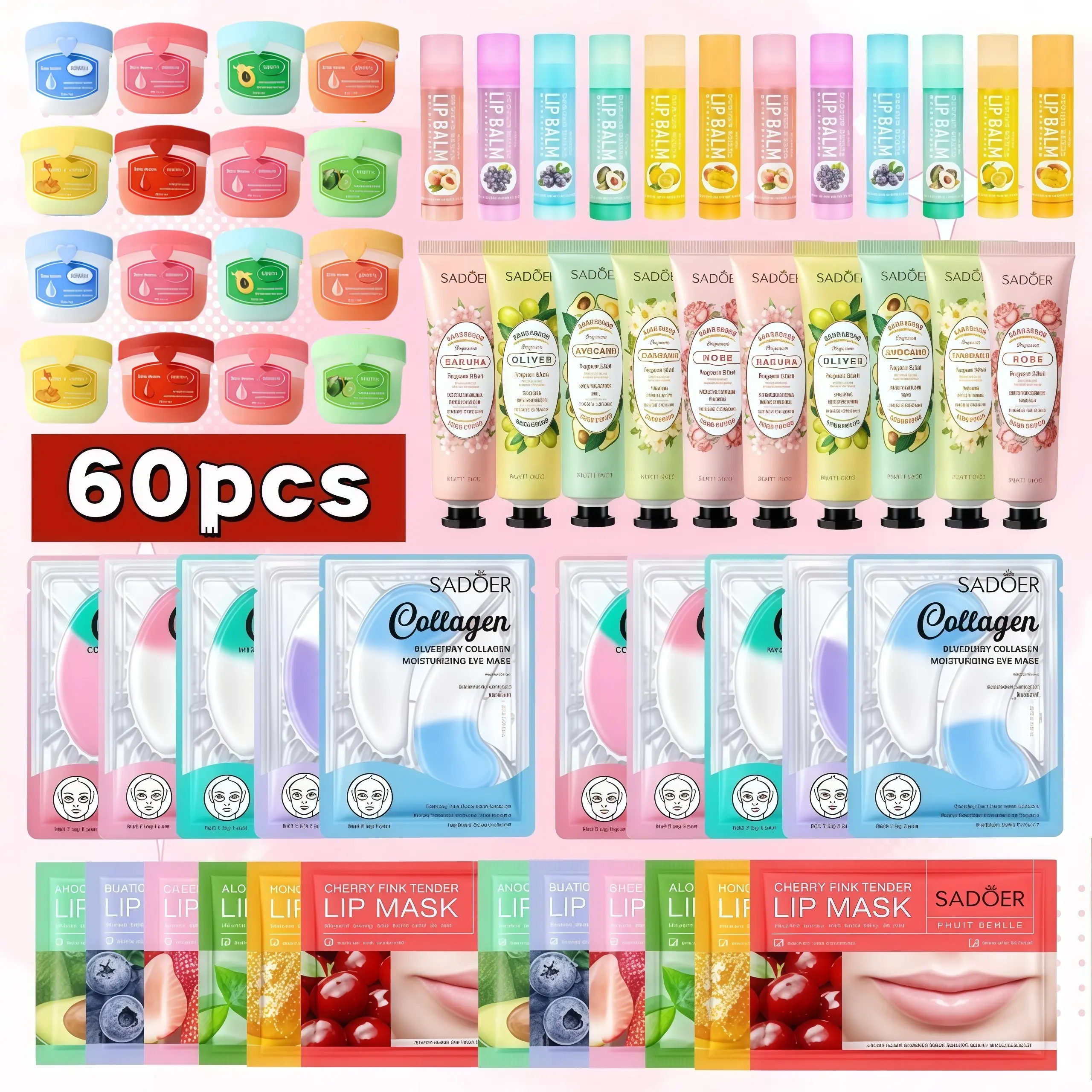 Body care mixed set of 60 pieces, including lip mask, eye mask, hand cream, and lip balm, suitable for dry skin, deep hydration, mini travel size, everyday skincare, a perfect Christmas gift.