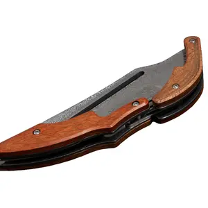 Damascus Steel Push Dagger - Wood-Handled EDC Utility Pocket Tool, Kitchen Accessory, Portable Fruit Cutter with Wooden Block
