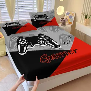 Gaming Controller Theme Esport Fitted Sheet Set and 2 Pillowcases No Core, Black/Red/Grey Color Block Design, Soft Anti-Slip Wrinkle-Resistant Bedding, Bed Linens, Game Lovers, Teens Bedroom Decor, Best Gift Choice