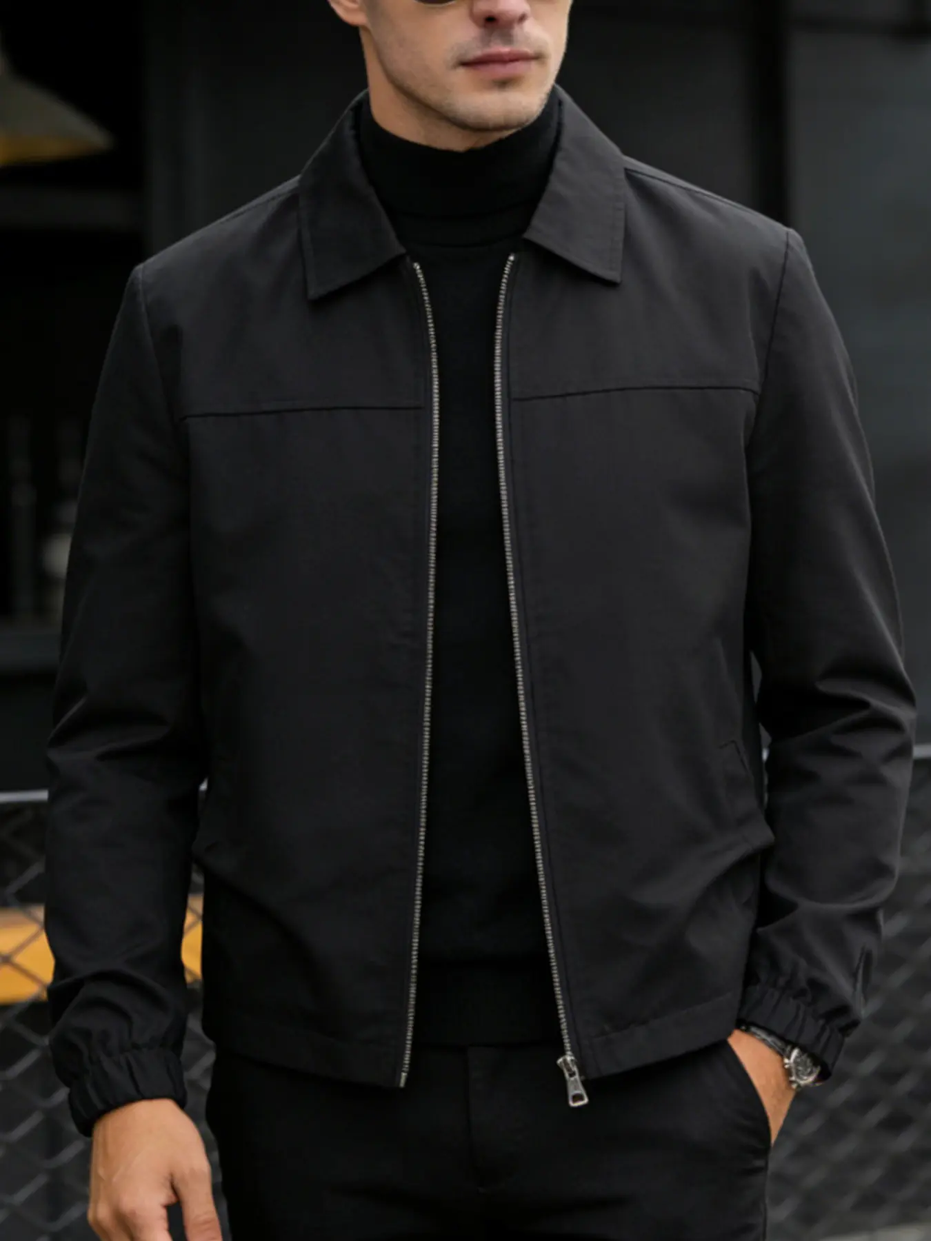 Men's casual collar jacket, Outerwear, with zipper closure and elastic cuffs, simple solid color spring and autumn jacket, 100% polyester fiber, machine washable, easy to maintain fabric, suitable for daily casual and work wear