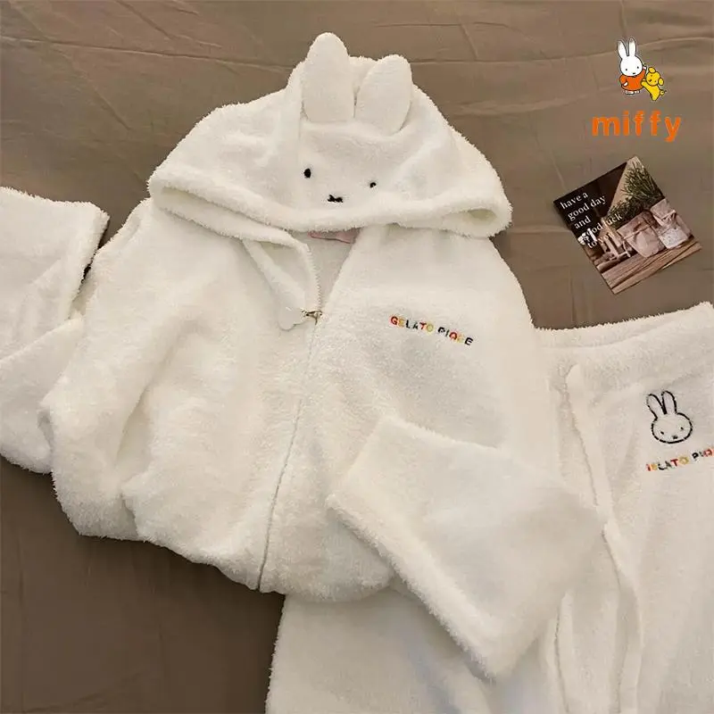 Kawaii Miffy Pajamas Creative Fashion Hooded Loungewear Comfortable Dopamine Home Wear Set Anime Accessories Girls Perfect Gifts