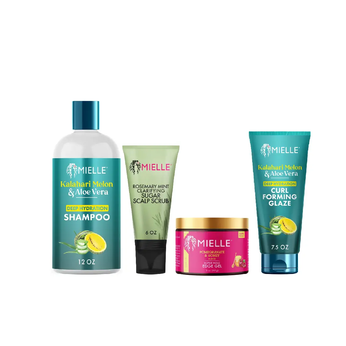 Mielle Exfoliate, Wash & Style Hair Kit with a clarifying sugar scalp scrub, deep hydration shampoo, curl forming glaze, and super hold edge gel.