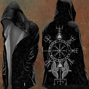Halloween Viking Runes Hooded Cardigan – Norse Mythology Open-Front Cloak for Men, Vegvisir Compass & Tree of Life Design, Soft Fleece-Lined Gothic Streetwear Jacket