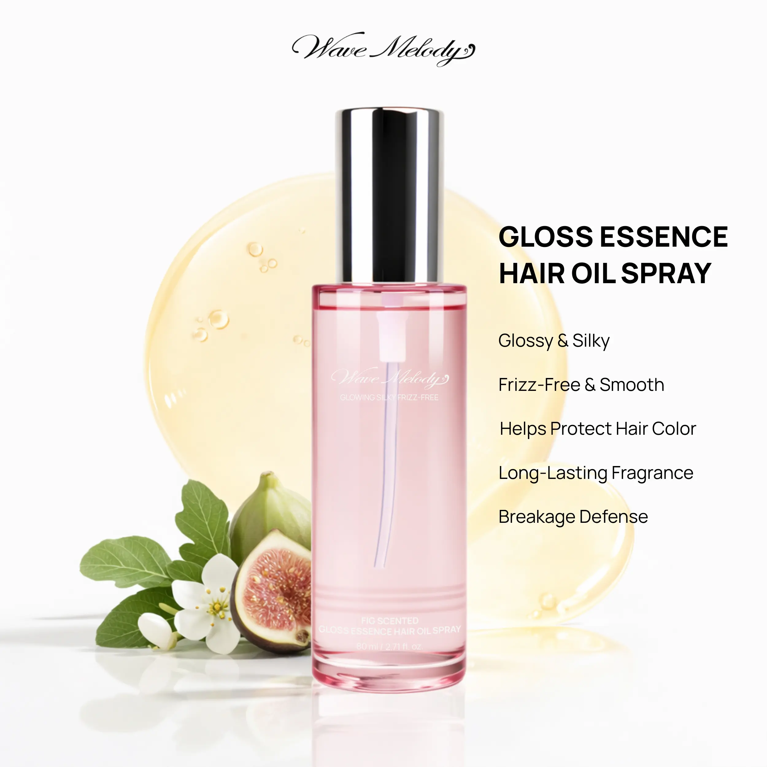 WaveMelody Fragrance Gloss Essence Hair Mist Oil - Lightweight Leave-In Haircare Spray On, Fig Scent, Camellia Squalane, Color & Chemically Treated Protection, Restore Radiance, Shiny Smooth Hair, 80 ml