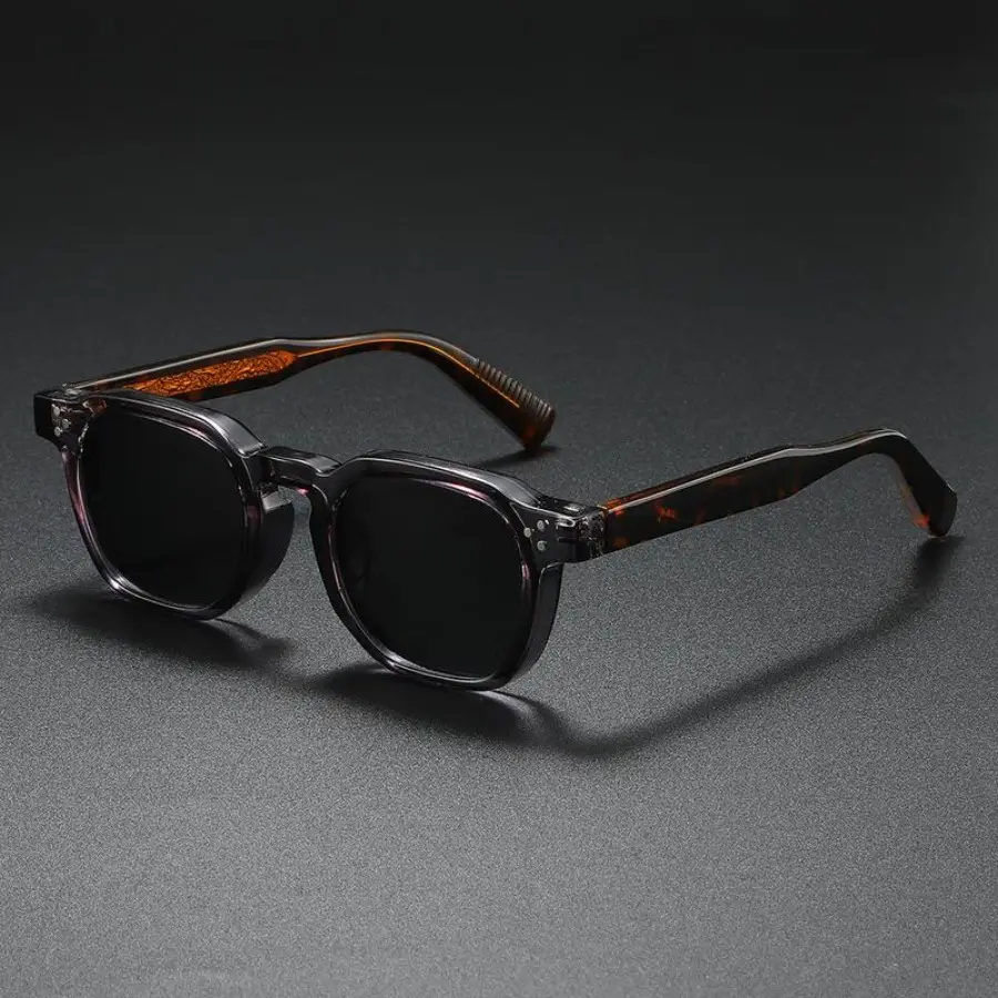 Vintage Square-Frame Sunglasses, Transparent Gray Acetate Frame, Tortoise-Patterned Engraved Temples, Black Lenses, UV400 Anti-Ultraviolet, 70s Black-Rimmed Box-Shaped, Lightweight Unisex, Men's Accessories, Summer Trendy Casual Stylish, Black-Rimmed Men'