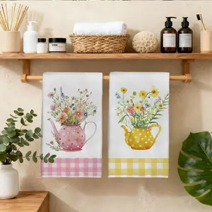 2pcs 23.6x15.7 In Spring Watercolor Style Kitchen Towel Set Yellow And Pink Checkered Polka Dot Kettle Floral Pattern Dishcloth Scouring Pad Tea Set Decoration Suitable For Living Room And Kitchen Tea Towel And Dish Towel Warm Spring