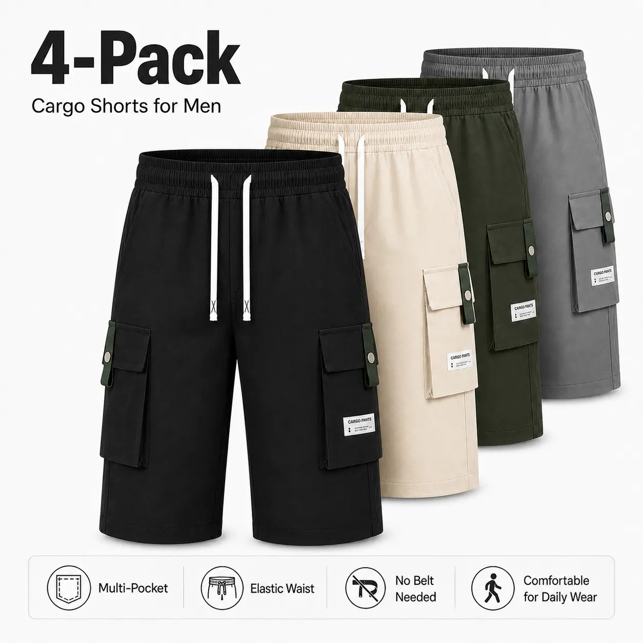 Men's 4-Pack Cargo Shorts, Relaxed Fit Over-Knee Capri Jorts with Elastic Drawstring Waist & Multi-Pockets, Basic Beige Summer Casual Work Shorts for Men