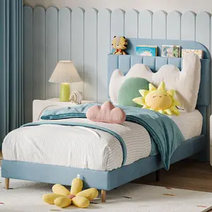 Garvee Twin XL Bed Frames, Upholstered Platform Bed Frame with Bookcase Headboard, Velvet Platform Bed Mattress Foundation, Heavy Duty Steel Support Legs, Easy Assembly, Noise Free, Blue