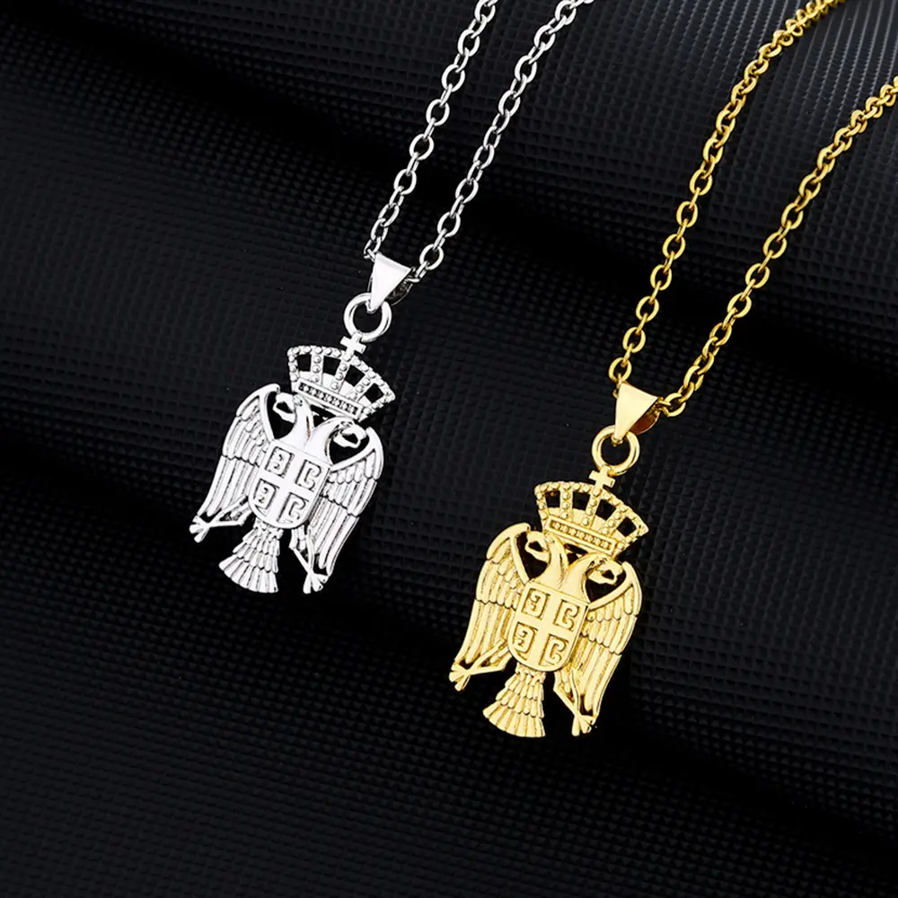 Patriotic Pendant Necklace with Serbia Eagle Emblem on a Golden Tone Chain, Unisex Souvenir Jewelry, Eagle Motif, Souvenir Gift, Adults, Casual, No Warning Applicable
