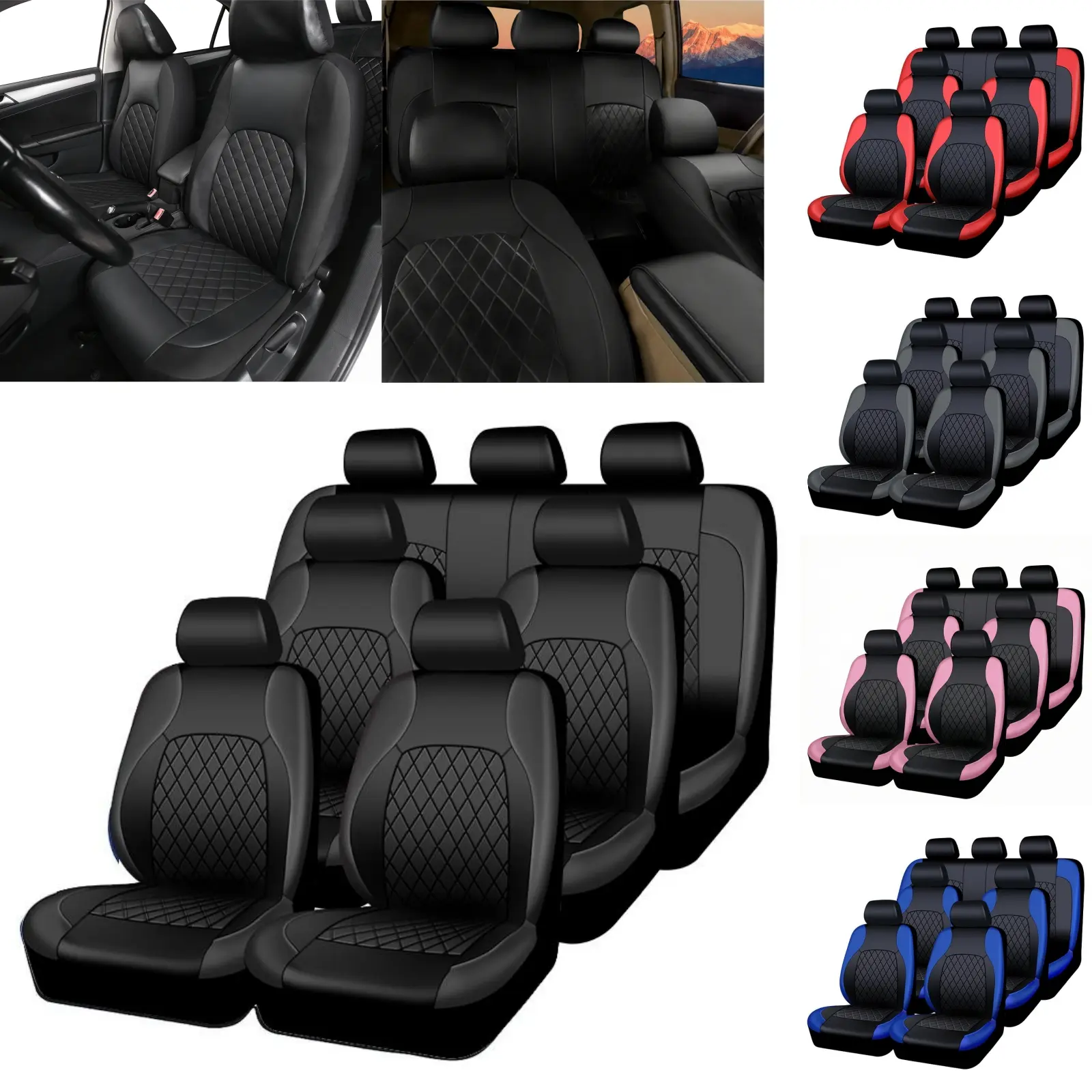AUTOYOUTH 7-Seater Car Seat Covers, PU Leather Full Set Universal Seat Protectors, Waterproof & Durable Diamond Pattern, 4 Single Seats + Rear Bench Covers for Cars SUVs Trucks Vans, Airbag Compatible, Black Red Blue Car Decor, Car Interior Accessories