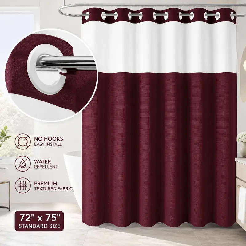 Burgundy Hookless Shower Curtain, No Hook Waffle Textured Fabric Shower Curtain for Bathroom, Water Repellent, Easy Install, Modern Hotel Style, 72x75 Inch