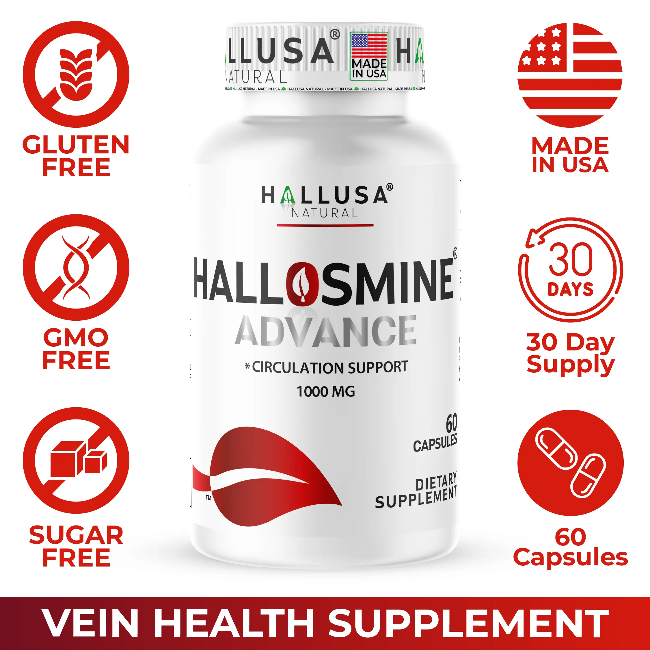 HALLUSA NATURAL HALLOSMINE ADVANCE 1000 mg x 60 Capsules – Circulation Support with High-Potency Diosmin 90% – Healthy Vein & Blood Flow