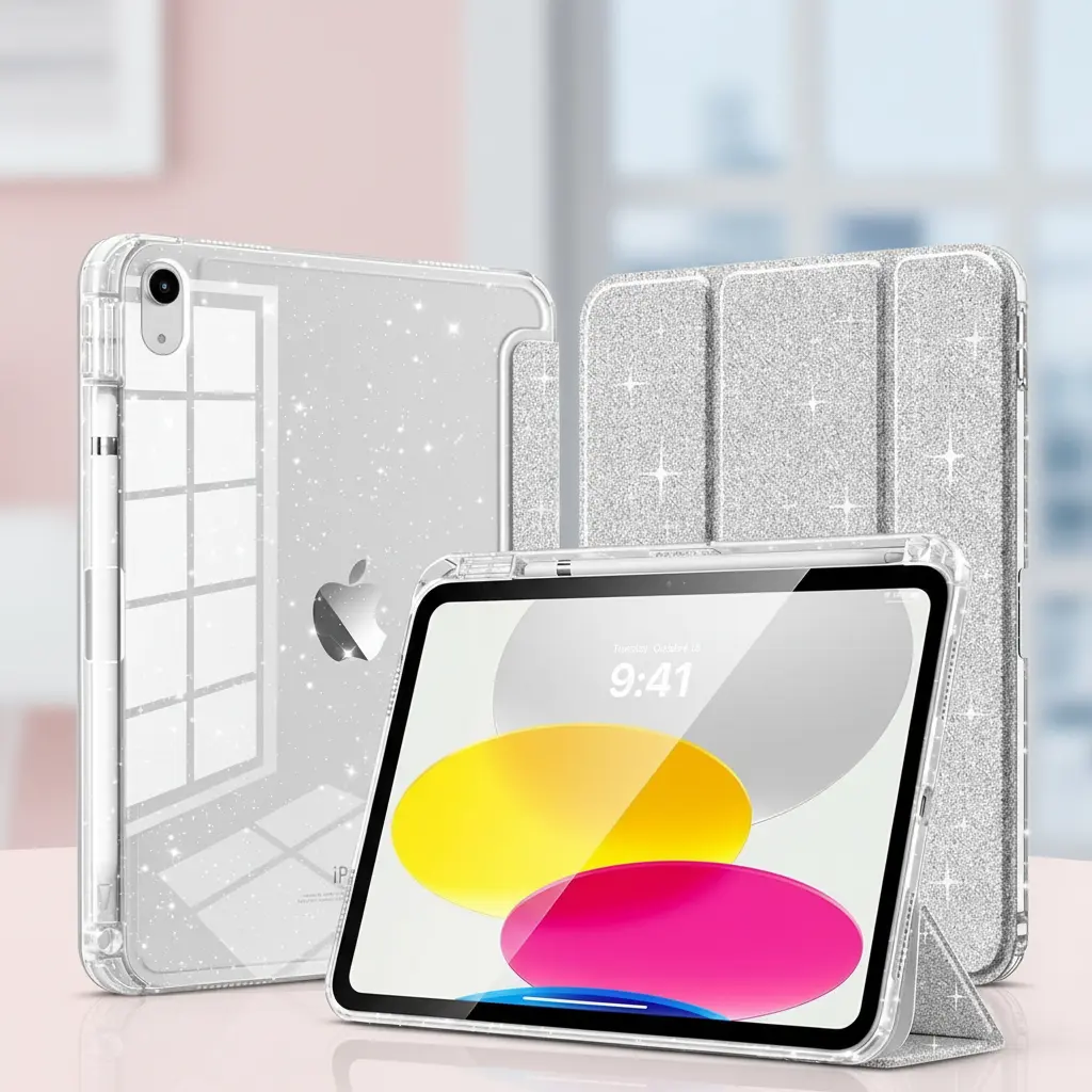 Glitter TPU Case for iPad 11/10th Gen – Shiny Clear Back, Pencil Holder, Auto Wake/Sleep, 11” (2025) & 10.9” (2022), Glitter Sky Blue
