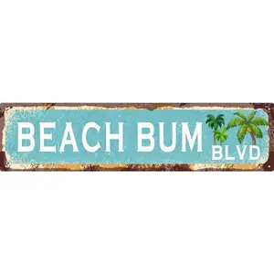 2D Flat, 1pc 4x16in Vintage 'Beach Bum Blvd’ Metal Sign |   Coastal Decor for Beach Houses, Patios & Summer Themed Rooms