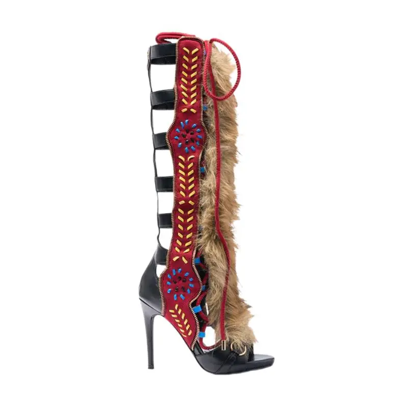 Women’s Faux Fur Gladiator Heels Lace Up Open Toe Stiletto Sandals Tribal Cutout Knee High Party Shoes