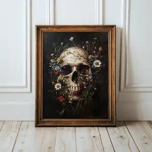 Gothic Botanical Skull poster, Vintage Skull and Flowers Print, Witchcraft Halloween Spooky Wall Art, Dark Academia Gothic Decor, Unframed