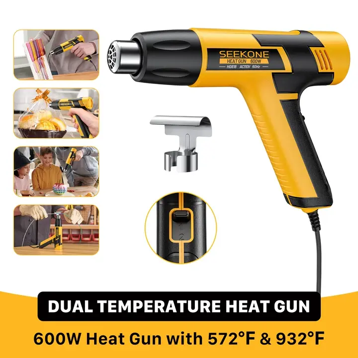 SEEKONE Portable Mini Heat Gun, 600W Dual-Temperature Thermal Power Tool (572℉&932℉) with 4.9Ft Cable, Overload Protection, Reflector Tip, Convenient Home Use, Overheat Safe, Watercolor Drying, for DIY Projects