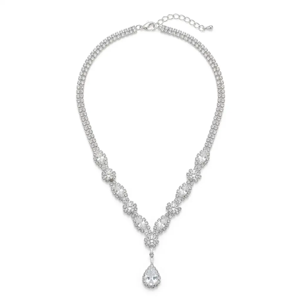 Luxury Rhinestone Floral Teardrop Statement Necklace for Women, Sparkly Crystal Bridal Wedding Prom Jewelry Silver