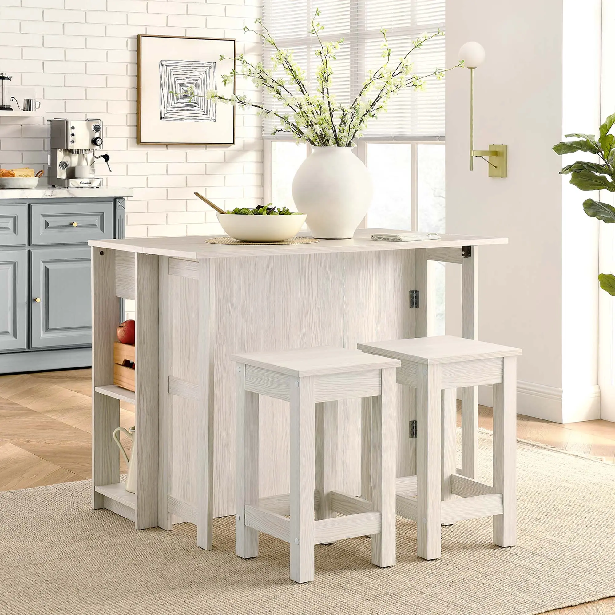 Meadowbrook 3-Piece Kitchen Island and Stool Set in White Maple