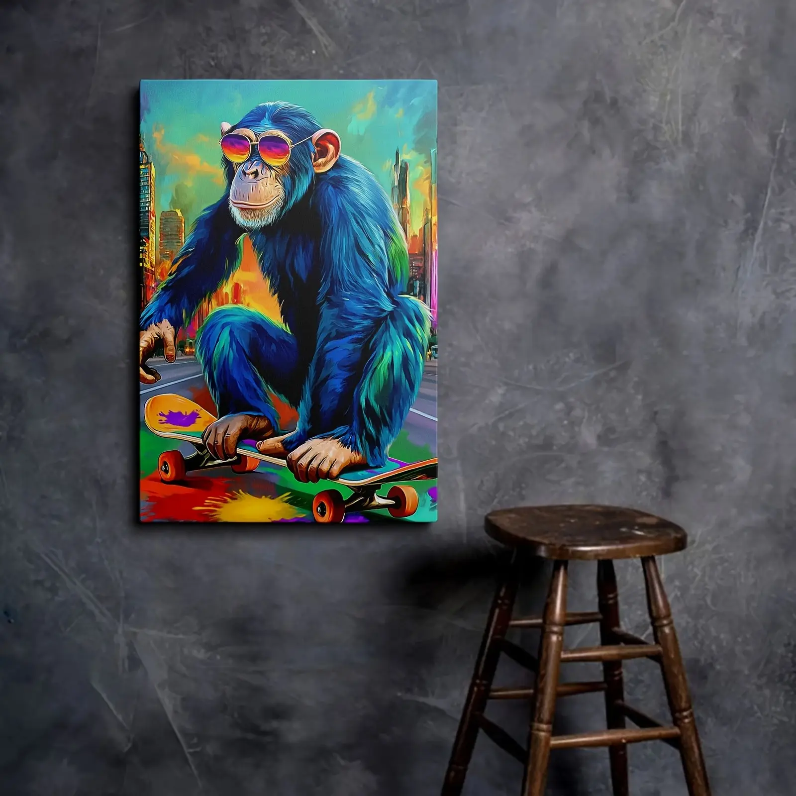 Cool Gorilla Skateboard Themed Canvas Art Print for Bedroom, Living Room, Hallway, Kids Room, Unique Wall Decor