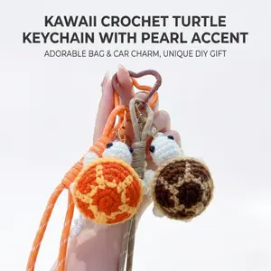 1Pc Handmade Crochet Turtle Keychain with Pearl Strap, Kawaii Knitted Sea Turtle Bag Charm, Aesthetic Boho Car Mirror Hanging Accessories, Cute Party Favors